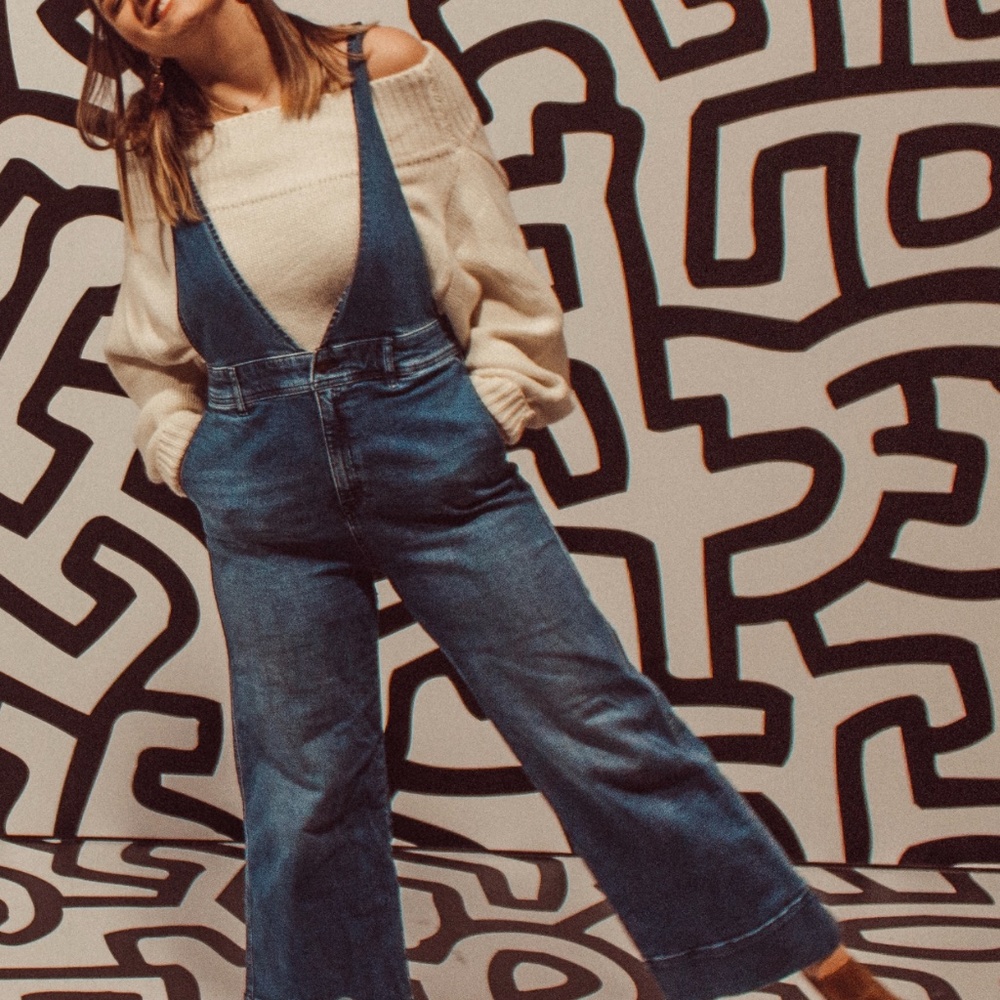 Free People Wide Leg Cropped Denim Jumpsuit